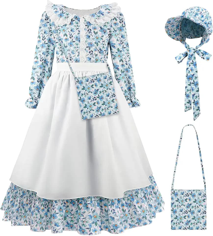 Girls Pioneer Costume Colonial Prairie Dress Kids Halloween Dress Up