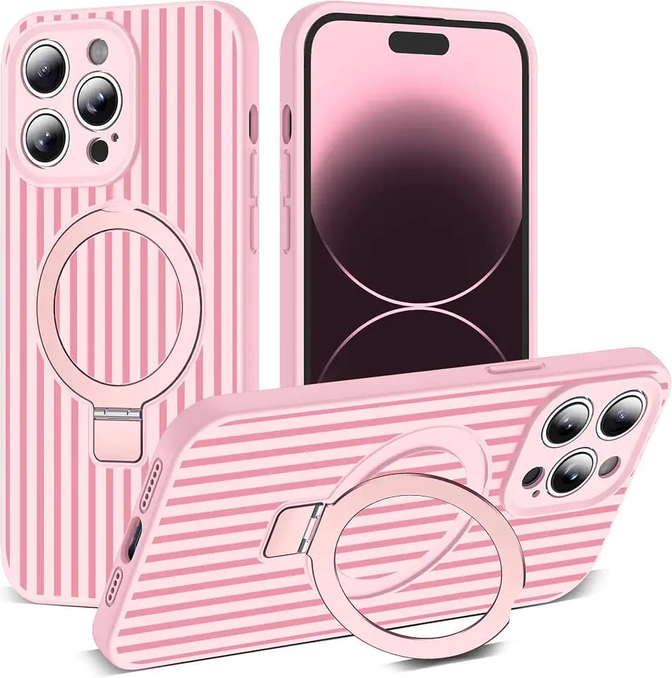 SKYLMW Striped Case for iPhone 14 Pro Max with Stand,6.7" Pink/Cherry Red