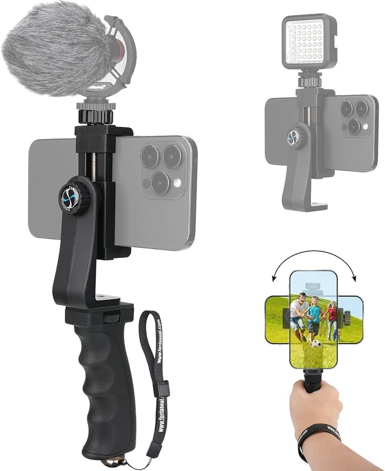 Ergonomischer Anti-Fall Handy Handgriff Stabilisator Smartphone Halterung Rig Video Kit Tragbarer Selfie Stick Stativ für iPhone Samsung (Querformat + Hochformat) Erweiterbare Mikrofon/Videolicht