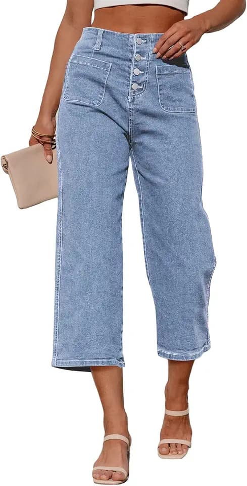 Sidefeel Women's Capri Pants Trendy Wide Leg Jeans