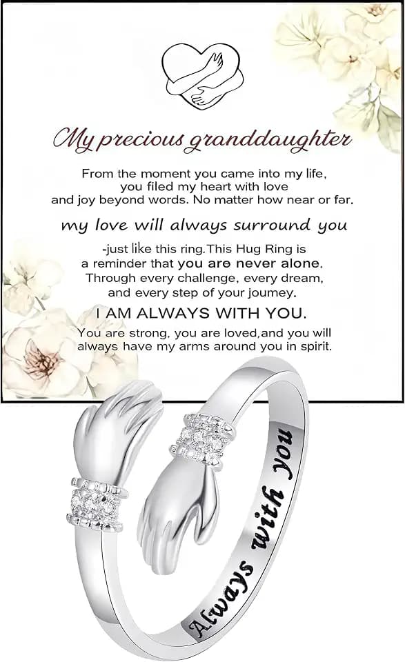 Granddaughter Hug Ring For Hope Rings, With Gift Card Stainless Steel Non Tarnish Hugging Hands Open Motivation Engraved Always With You Love You Forever Message Adjustable Jewelry Birthday Christmas