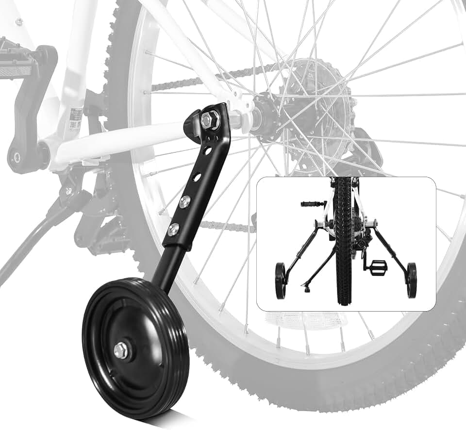 Kinderfahrrad Stützräder Verstellbare Stützräder für 16, 18, 20, 22, 24 Zoll Kinderräder & Mehrgangräder - Inklusive Komplettem Montageset, 1 Paar, Schwarz