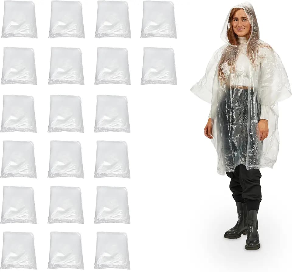 Relaxdays Regenponcho Einweg 20er Set, Einmal Regencape mit Kapuze, Erwachsene, Notfallponcho Damen, Herren, transparent