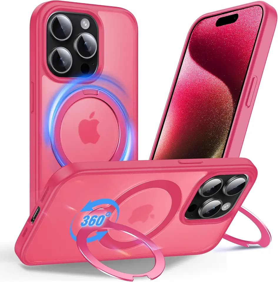Anqrp 360° All-in-ONE Stand Case for iPhone 15 Pro with Rotatable Magnetic Kickstand Ring Holder, Compatible with MagSafe, MIL-Grade Shockproof iPhone 15 Pro Phone Case Cover 6.1" Hot Pink
