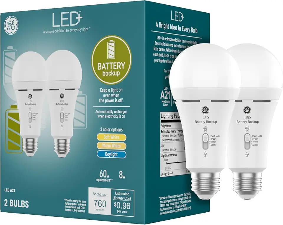 GE LED+ Backup Battery LED Light Bulbs, A21 Rechargeable Light Bulbs for Power Outages and Emergencies, Flashlight, 3 Color Temperatures (2 Pack)