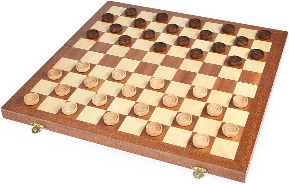 VAMSLOVE 15inch Checkers Folding Wooden Game Set, 100 Square Checkerboard International Checkers Draughts Board 10x10 for Kids with Pieces Storage Slots (Instructions Included)