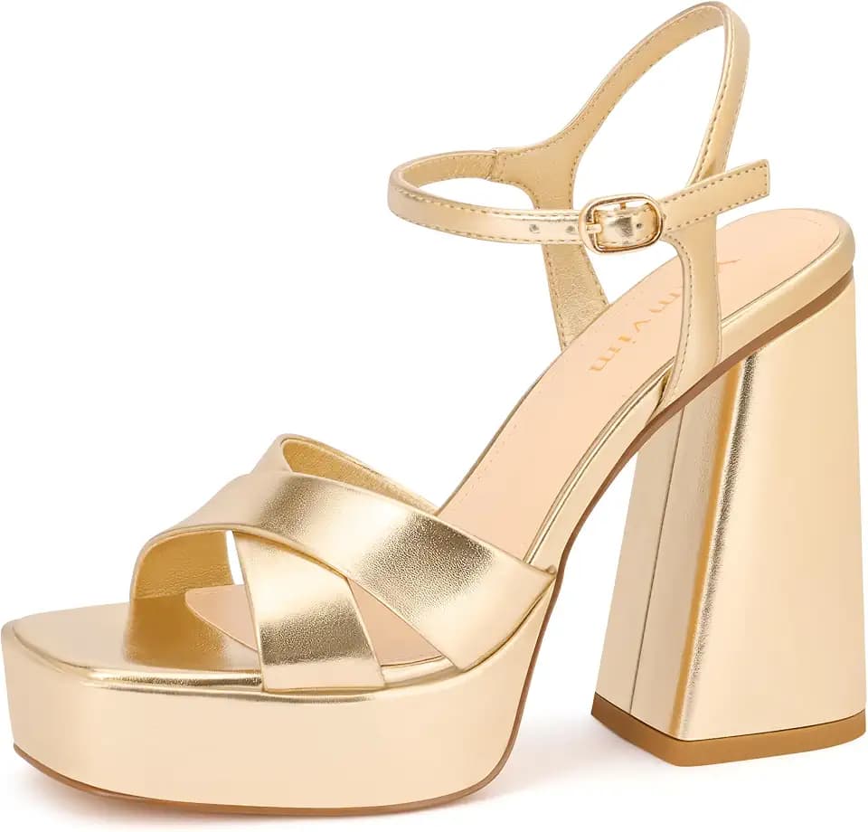 Platform Heels for Women Chunky Block Heeled Sandals Open Square Toe with Adjustable Ankle Strap 5 Inch Heels for Wedding Dress Party