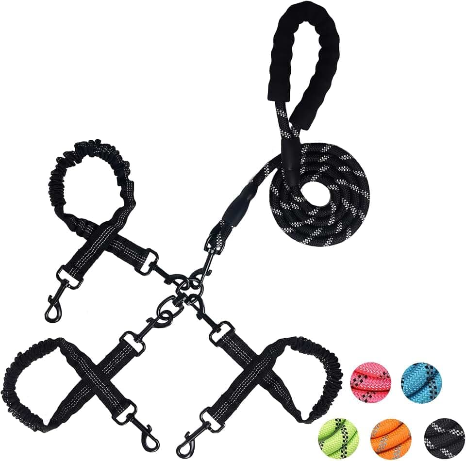 3 Way Dog Leash,No Tangle for Three Dogs, 3 in 1 Dog Leash with 360° Swivel, Shock Absorbing, Reflective Threads Comfort Foam Handle, Ideal for Small Dogs and Dog Training (Black, Three Way)
