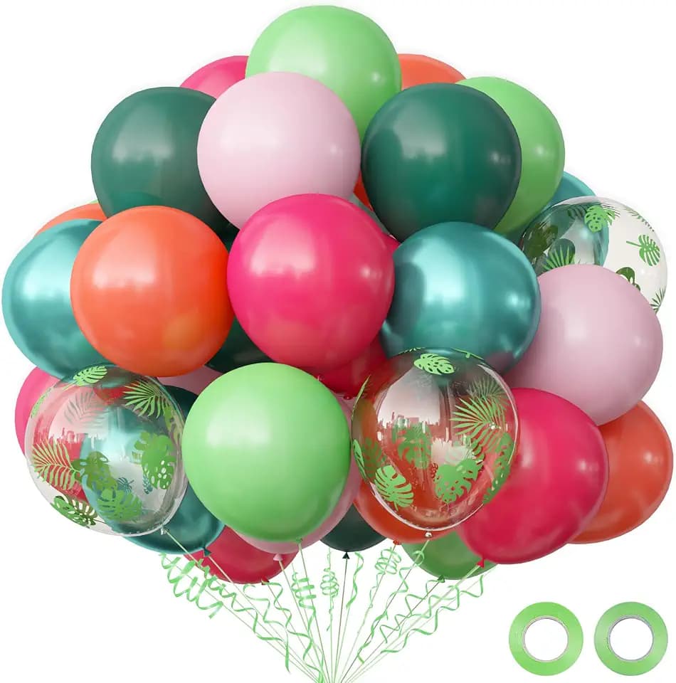 OuMuaMua Hawaiian Luau Party Decorations, Tropical Party Balloons, 68pcs Pink Green Rose Gold Palm Leaves Balloons for Summer Aloha Moana Flamingo Birthday Baby Shower Party Supplies, 12 Inch