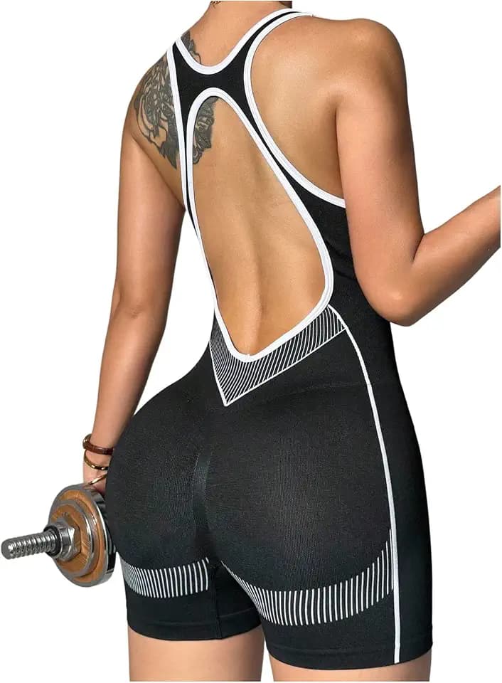 Verdusa Women's Workout Cut Out Backless One Piece Romper Sleeveless Bodycon Short Jumpsuits Pilates Outfits