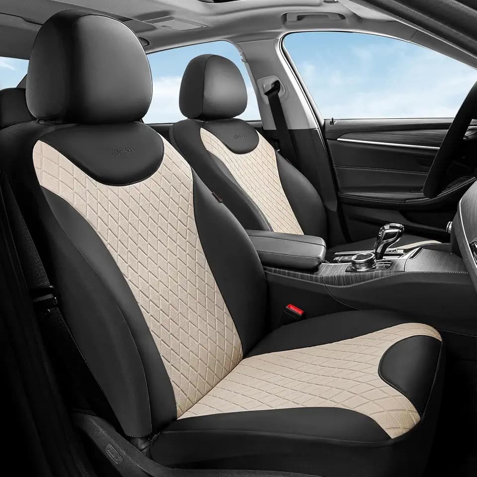 Coverado Front Seat Covers, 2 Seats Universal Seat Covers for Cars, Leather & Fabric Splicing Design Car Seat Protectors, Waterproof Car Seat Cushions Universal Fit for Vehicles, Black & Beige