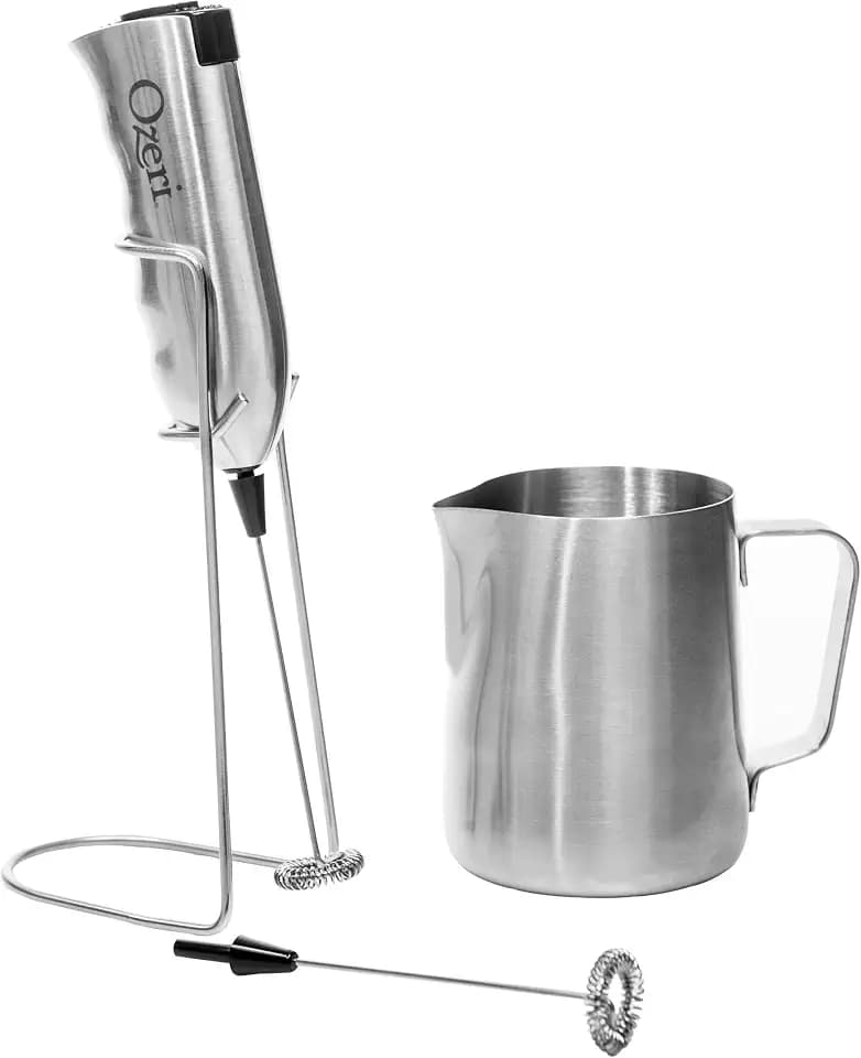 Ozeri Deluxe-Milchaufschäumer und 340 ml Aufschäumkrug aus Edelstahl, mit extra Schneebesen-Aufsatz