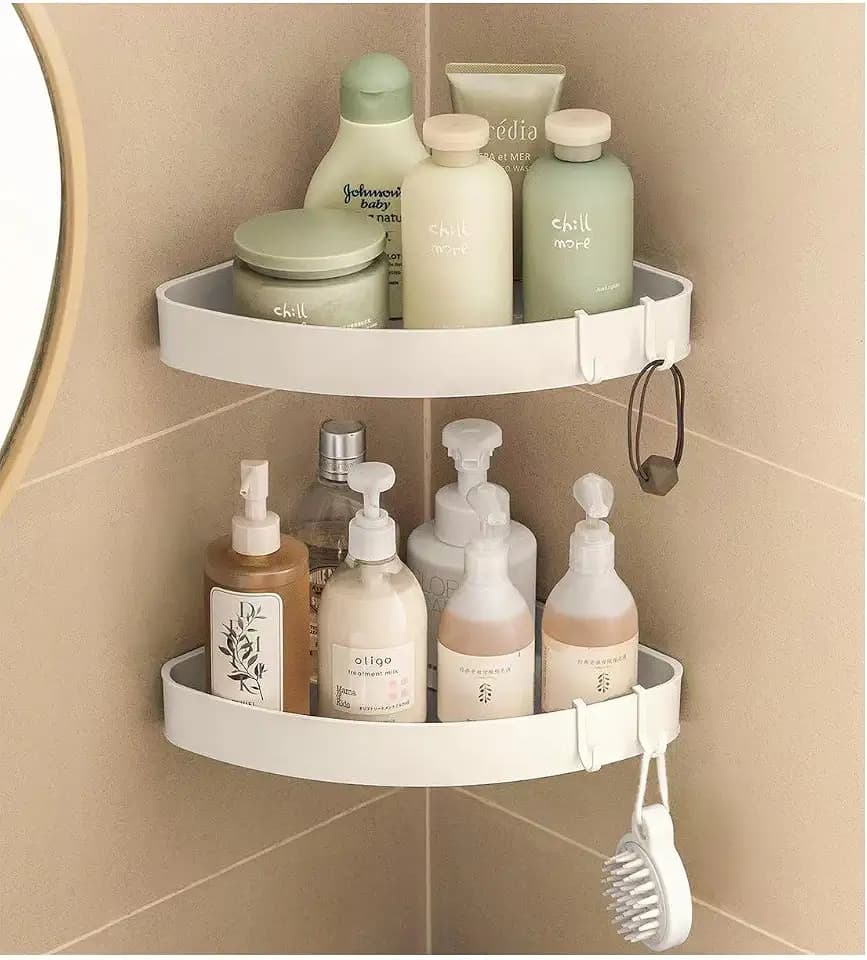 Duschablage Ohne Bohren Ecke, Duschregal Ecke Weiß mit 4 Haken, Badezimmer Regal Badregal, Eckregal Dusche für Bad Küche Toilette Organizer, 2 Stück