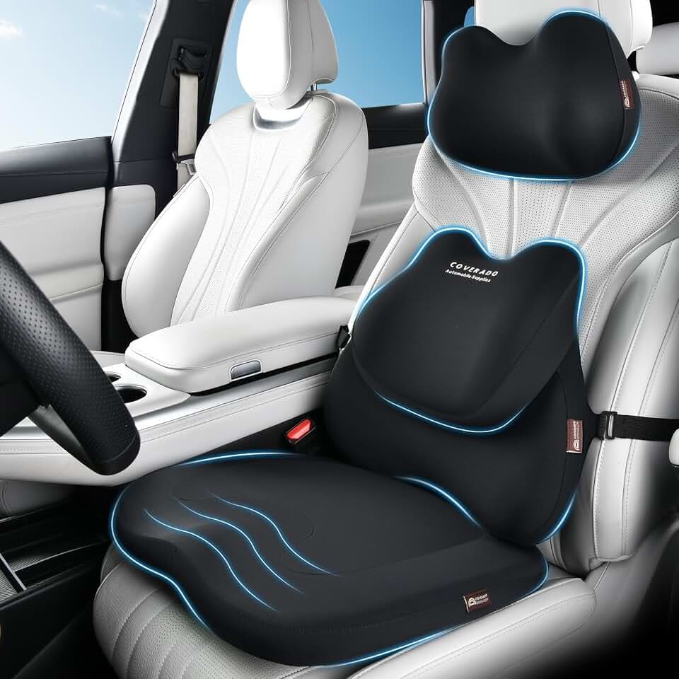 Coverado Car Seat Cushion and Lumbar Support Pillow with Headrest, Memory Foam Cooling Silk Ergonomic Cushion for Driving Back Neck Pain Relief Universal Fit Black51202-headrest-cushion-lumbar-Black