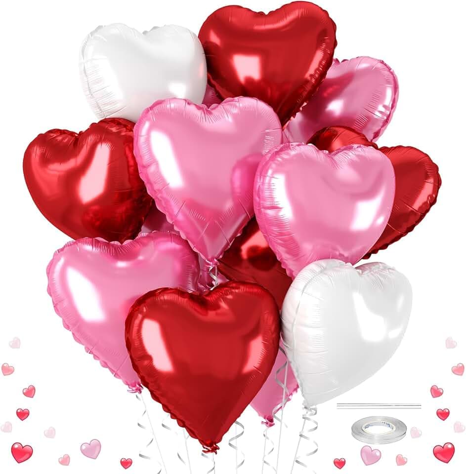 Pink and Red Heart Balloons, 12 Pcs 18 inch Foil Heart Shaped Balloons