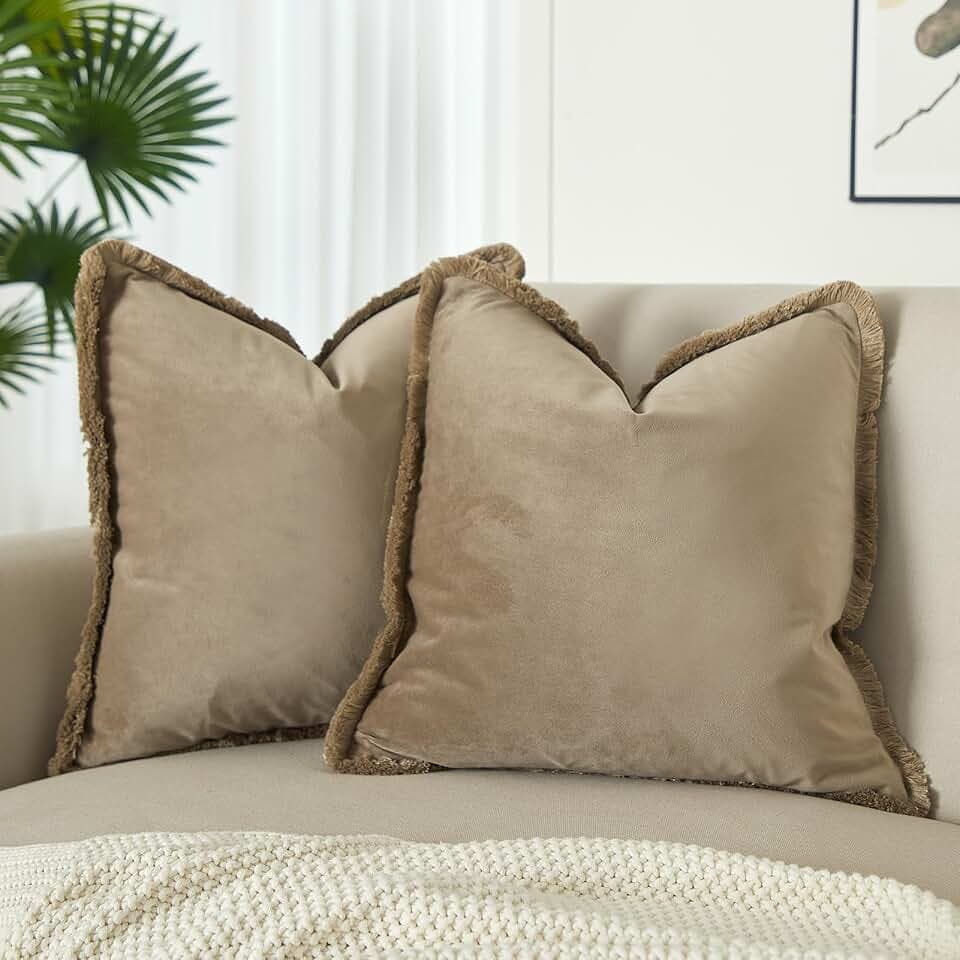 JUSPURBET Pack of 2 Stone Decorative Fringe Velvet Throw Pillow Covers 18x18 for Home Decor Living Room Bedroom Car Boho Soft Cushion Cover with Hidden Zipper Machine Washable