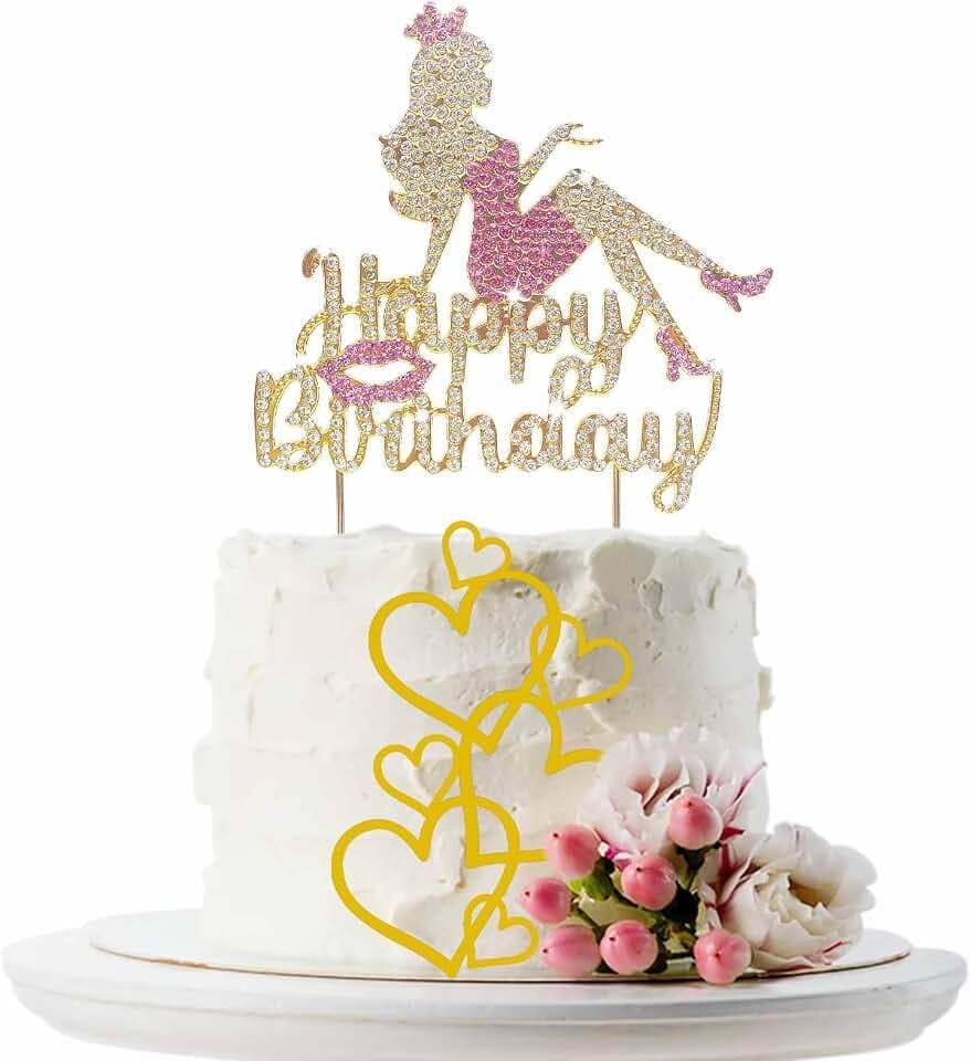 2PCS Happy Birthday Cake Toppers Gold and Pink Elegant Feliz Cumpleaños Cake Topper for Her Princess Cake Decoration Metal Cake Sign with Rhinestone, Birthday Gifts for Women, Daughter, Girls