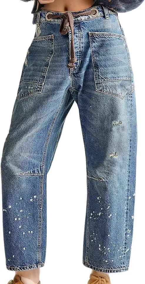 Barrel Jeans Women Trendy Low Rise Drawstring Baggy Jeans Vintage Pant Casual Wide Leg Horseshoe Demin with Pockets