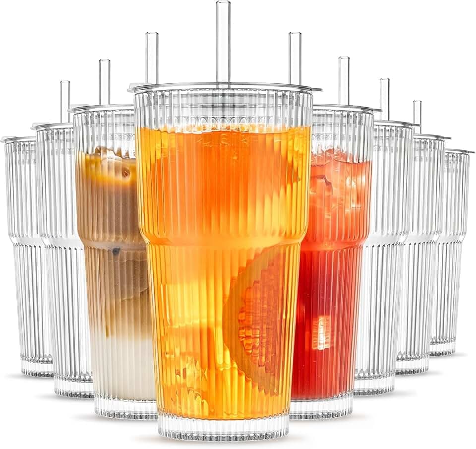 INSETLAN 8-Piece Glassware Set – 20 oz Ribbed Glass Tumblers with Lids and Glass Straws, Heavy-Duty Tumblers, Ideal for Iced Coffee, Smoothies, Cocktails, and Juices – Elegant and Durable Drinkware