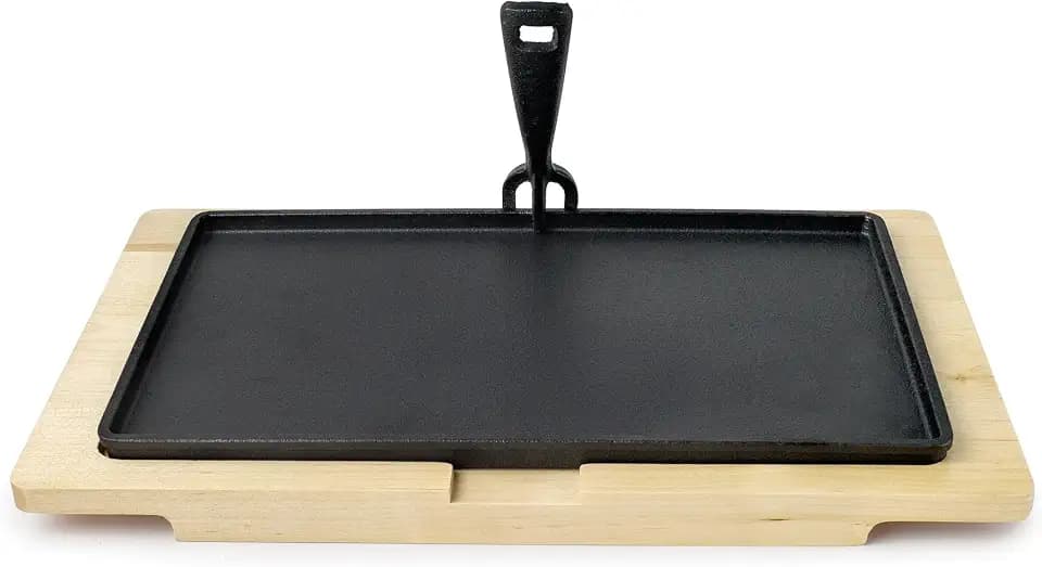 IBILI Rechteckiger Teller aus Gusseisen, 34 x 20 cm mit Sockel aus Buchenholz