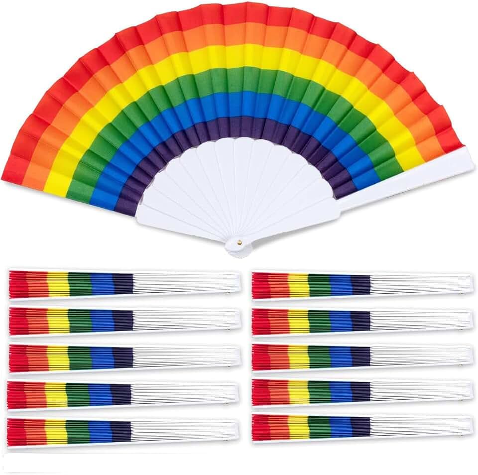 BSTMOME 10 Stück Regenbogen-Faltfächer, bunt, LGBTQ, Handfächer, Sommerzubehör, Tanzrequisiten, Kirche, Hochzeit, Geschenk, Partygeschenke für Regenbogen-Party-Dekoration (horizontale Streifen)