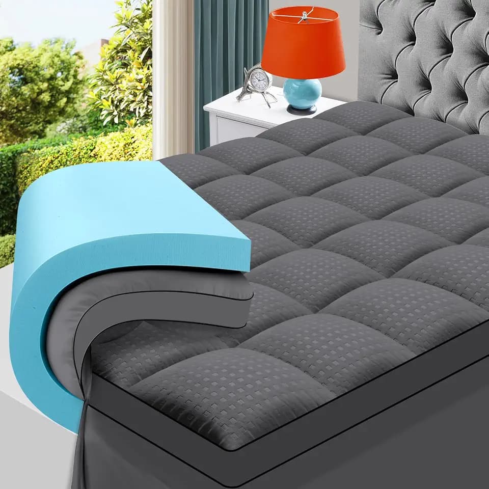 MASVIS King Size Dual Layer 4 Inch Memory Foam Mattress Topper, 2 Inch Gel Memory Foam and 2 Inch Cooling Pillow Top Mattress Pad Cover for Back Pain, Medium Support,Gray