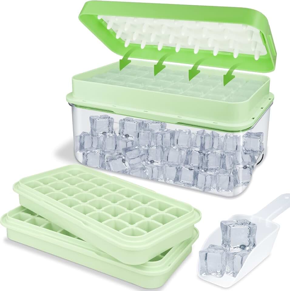 Eiswürfelbehälter mit Deckel und Behälter Set, Leicht zu Lösen und Aufbewahrung Eis, 64 Stück Eiswürfel für Gekühlte Getränke/Obst/Babynahrung, 2 Silikon Eiswürfelform+1 Eiskübel+1 Schaufel, Grün