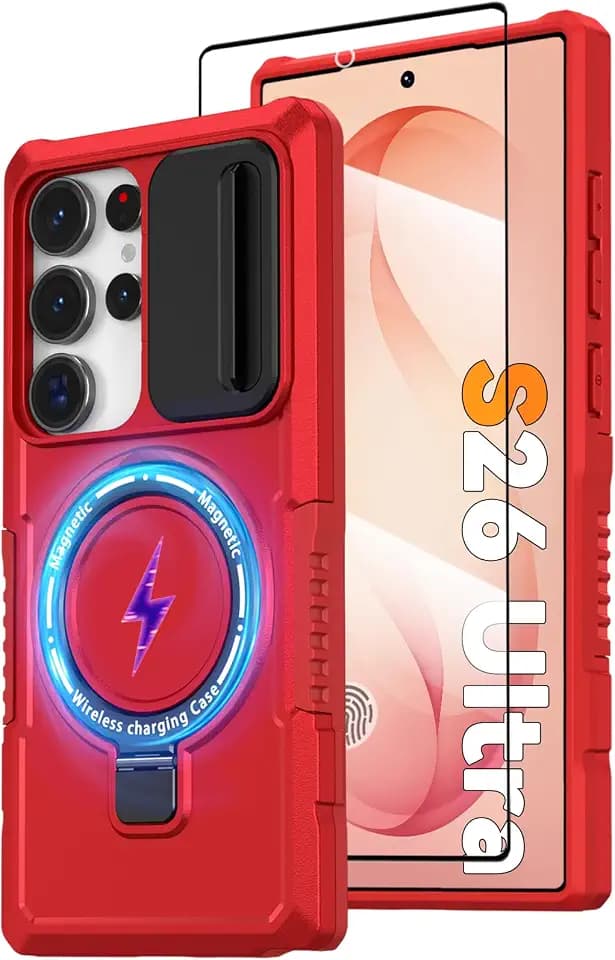 Magnetic Case for Samsung Galaxy S26 Ultra with Ring Stand [Screen Protector] [Compatible with MagSafe Wireless Charging] Military Grade Shockproof Case with Camera Cover for Samsung S26 Ultra, Red