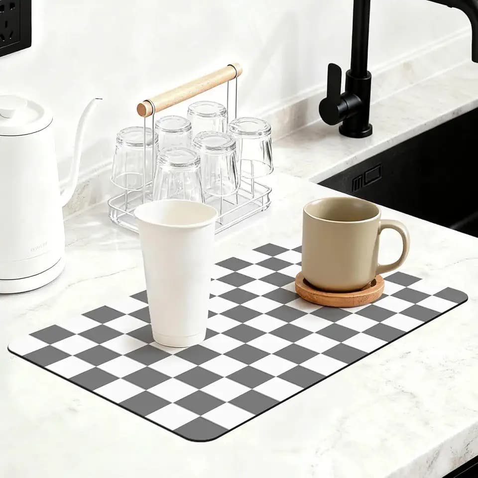 Checkered Dish Mat for Kitchen Coffee Station, 16" x 24" Grey
