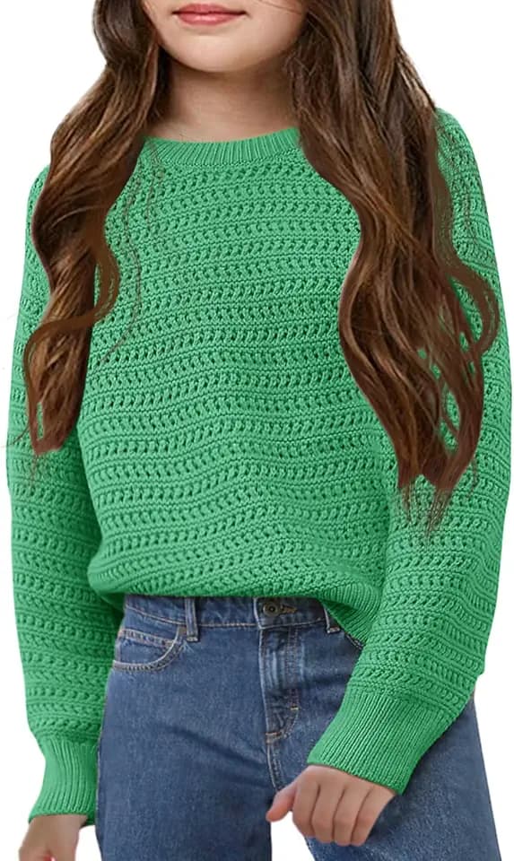 Girls Knit Sweaters Kids Fashion Chunky Crewneck Pullover Jumper Tops 5-14 Years