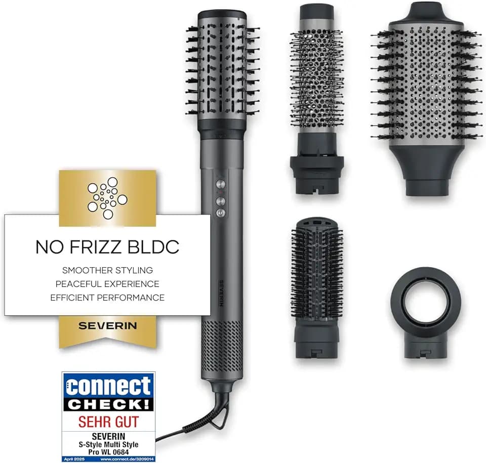 Severin 5-in-1-Airstyler, Warmluft-Hairstyler, Ionen-Föhn, Stylingbürste mit Airflow Technologie, 5 Aufsätze, besonders leicht und kompakt, 1.500W, S-Style Multi-Styler, anthrazit, WL 0684