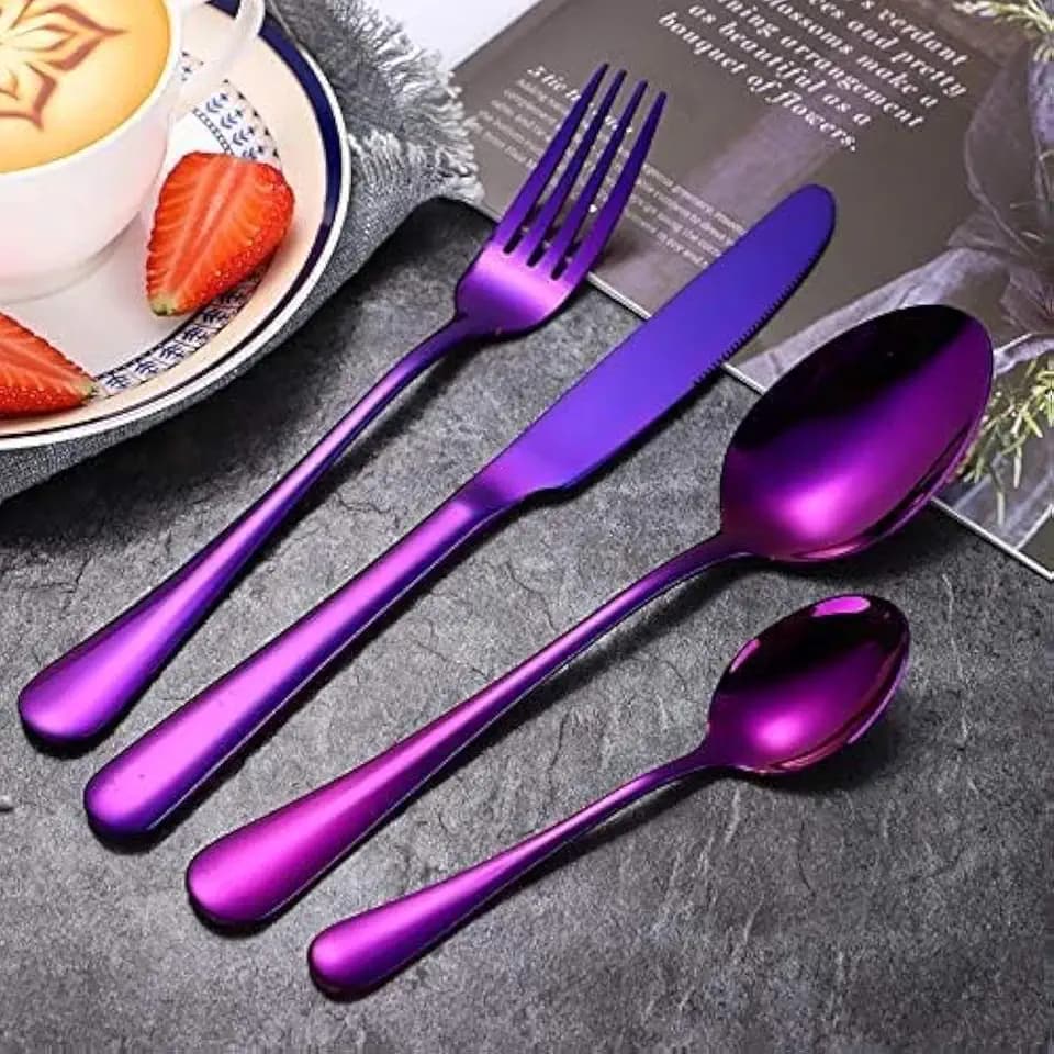 Silverware Set, 20-Piece Stainless Steel Flatware, Purple Kitchen Utensils Service for 4, Tableware Cutlery for Home Wedding and Restaurant, Dishwasher Safe