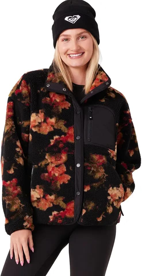 Roxy Women's Bonded Sherpa Jacket – Oversized Fit, Faux Sherpa Fleece, Pfas-free, Snap Front, Zipper Pockets