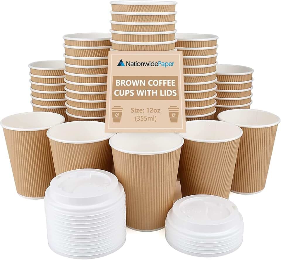 360 ml Kraftpapier, dreiwandig, Einweg-Papierbecher, Einwegbecher für Kaffee, Tee, Heißgetränke, 200 Stück + 200 x Deckel
