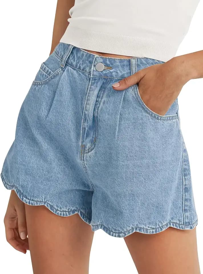 Tankaneo Womens High Waist Jean Shorts Summer Scalloped Hem Denim Short