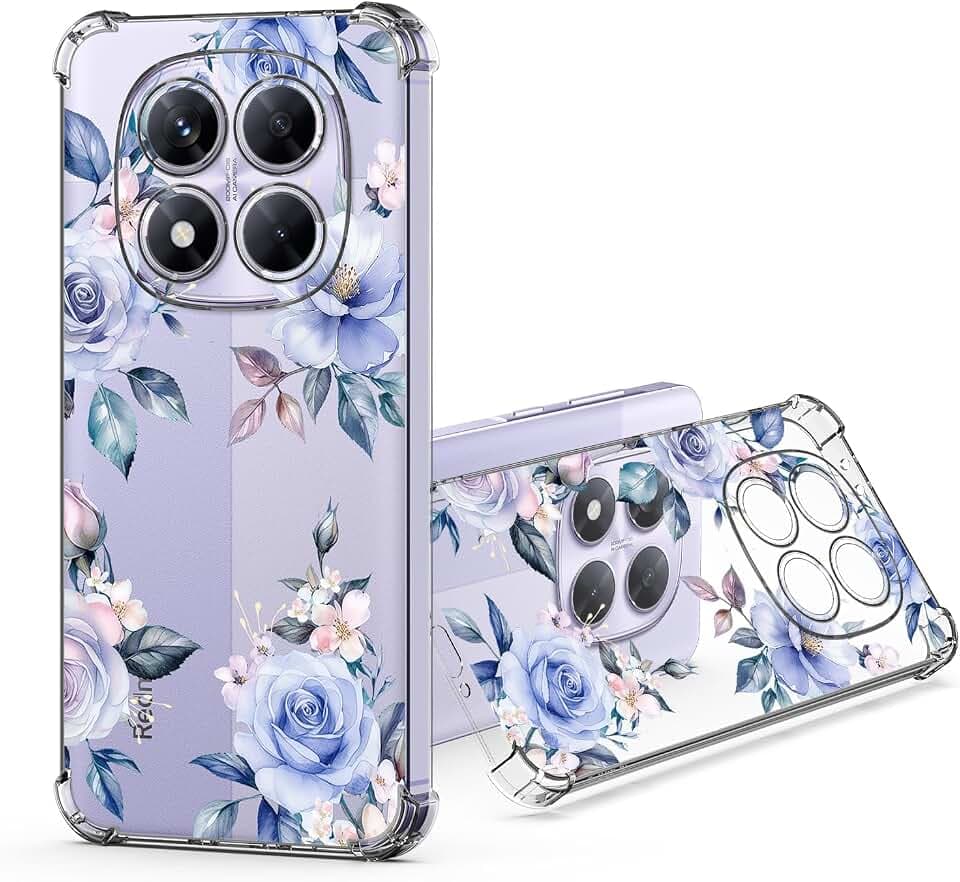 für Xiaomi Redmi Note 14 Pro 5G Durchsichtig Hülle, Transparent Weich Silikon Handyhülle mit Bunt Blumen Muster Motiv Stoßfest Kameraschutz Schutzhülle Slim Clear Klar Case Cover - Blau Rose