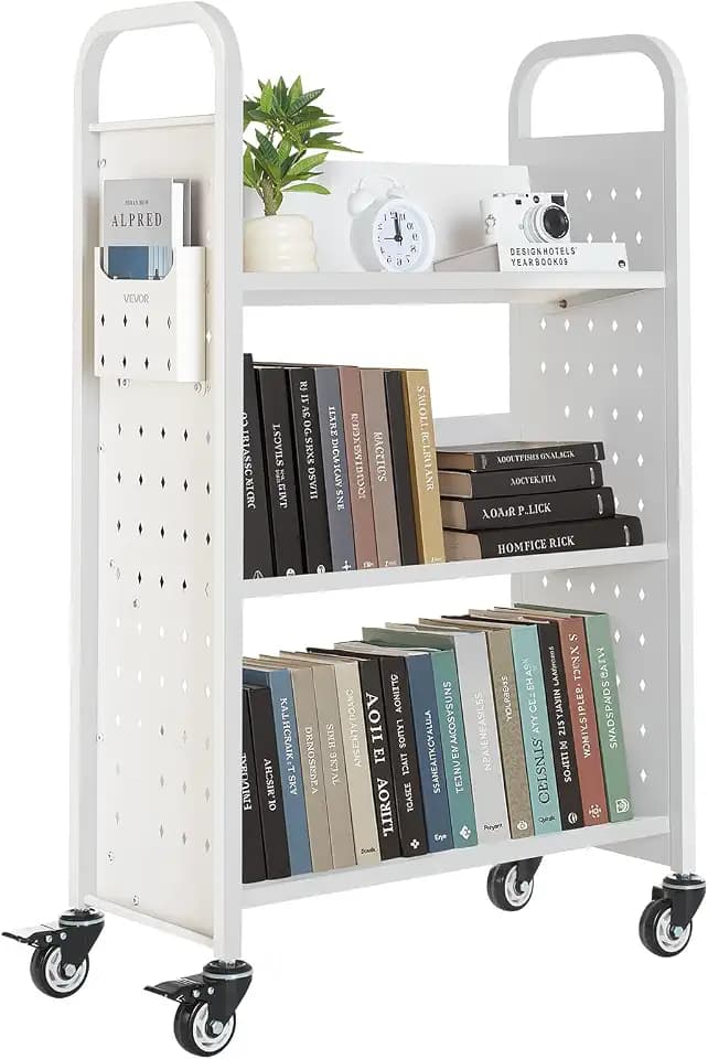VEVOR Bücherwagen, 150 kg Tragkraft, Bibliothekswagen, 77 x 38 x 122 cm, einseitiges V-förmiges Bücherregal mit Doppelbremsrollen, für Wohnzimmer, Büro, Schule, Weiß