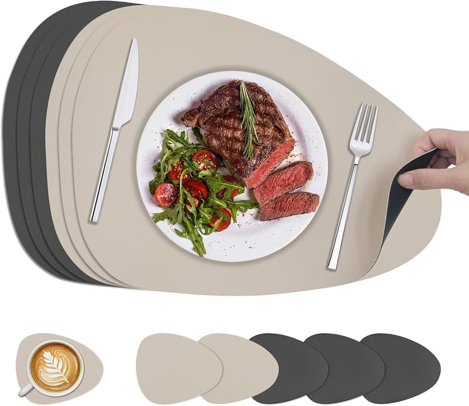 KitchenBoss Platzsets Abwaschbar und Untersetzer：6 Set Tischsets Abwaschbar Platzdeckchen Doppelseitigen Für den Einsatz in Küchen, Esszimmern und Büros，Anthrazitgrau + Beige, 40x30cm