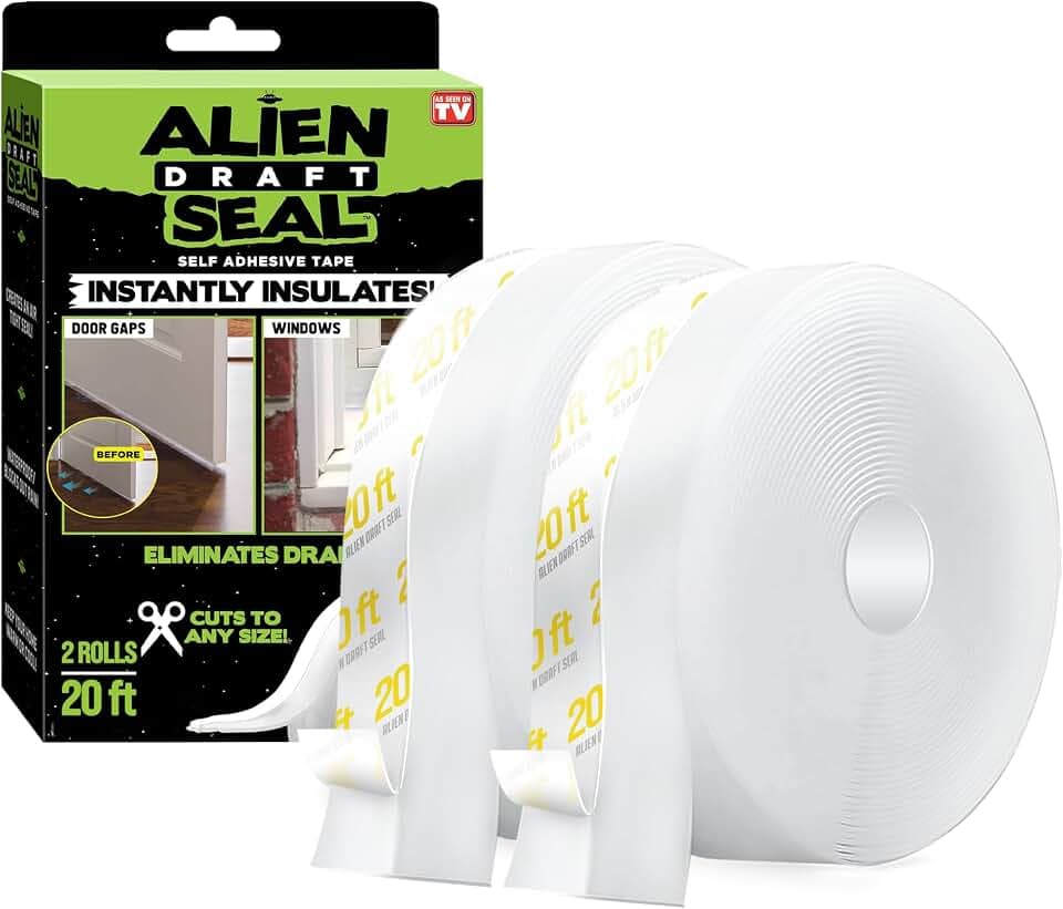 Alien Draft Insulation Tape Transparent Silicone Weather Stripping Door Seal Strip and Under Door Draft Stopper for Windows and Door Bottoms As Seen On TV (20 Feet - 2 Rolls)