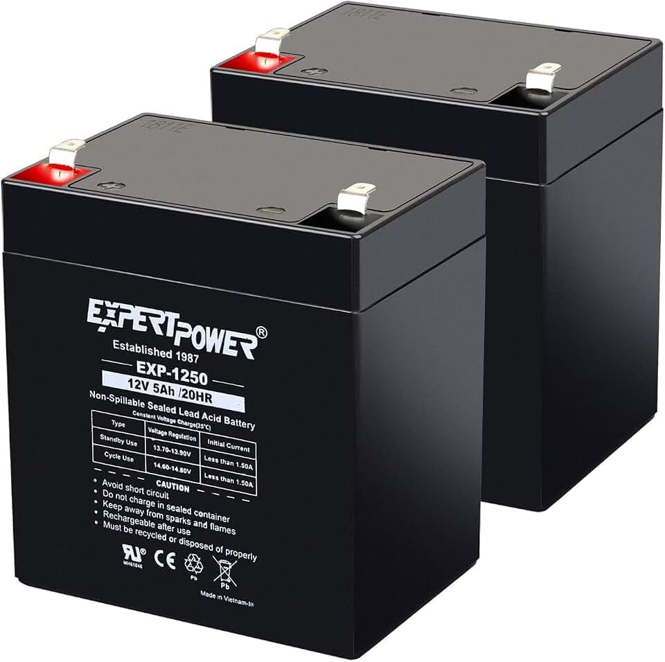 ExpertPower EXP1250 - (2 Pack) 12V 5Ah Rechargeable SLA Battery for Security System, UPS, Garage Door Opener Replacement, Fire Alarm Batteries, Sealed Lead Acid, 12V Battery Backup