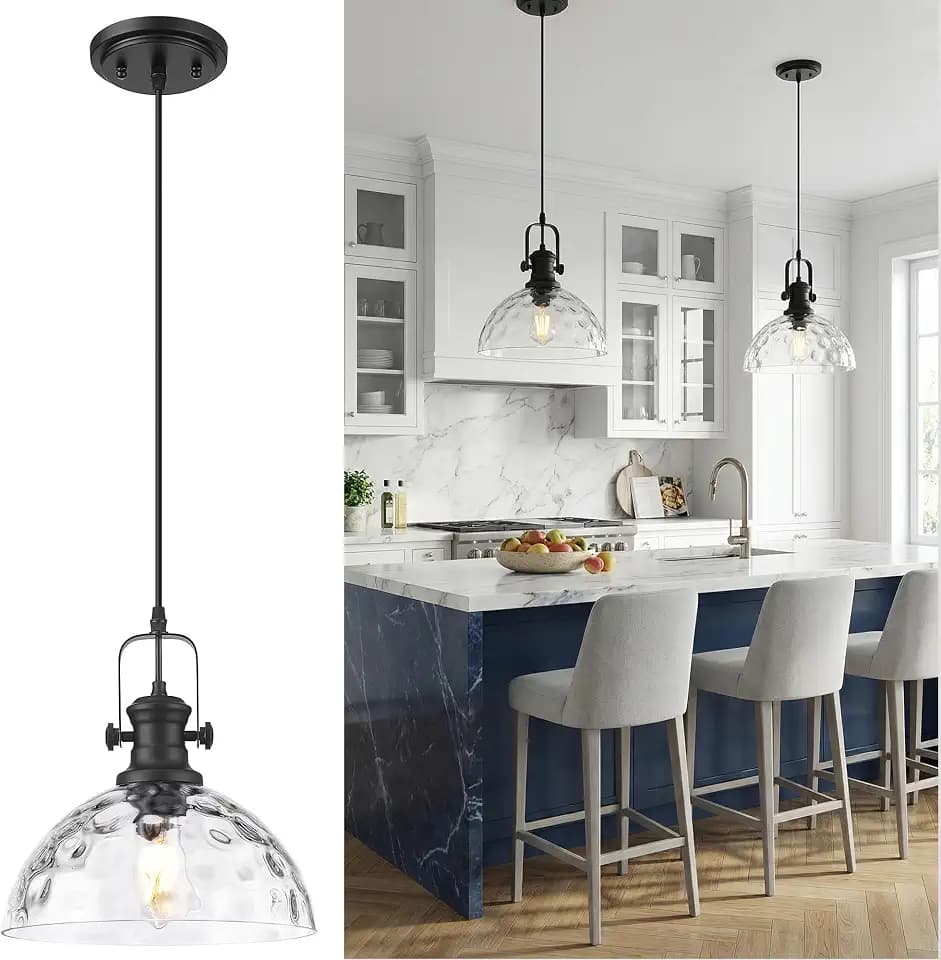 10.5" Black Pendant Light for Kitchen Island, Hammered Glass Shade