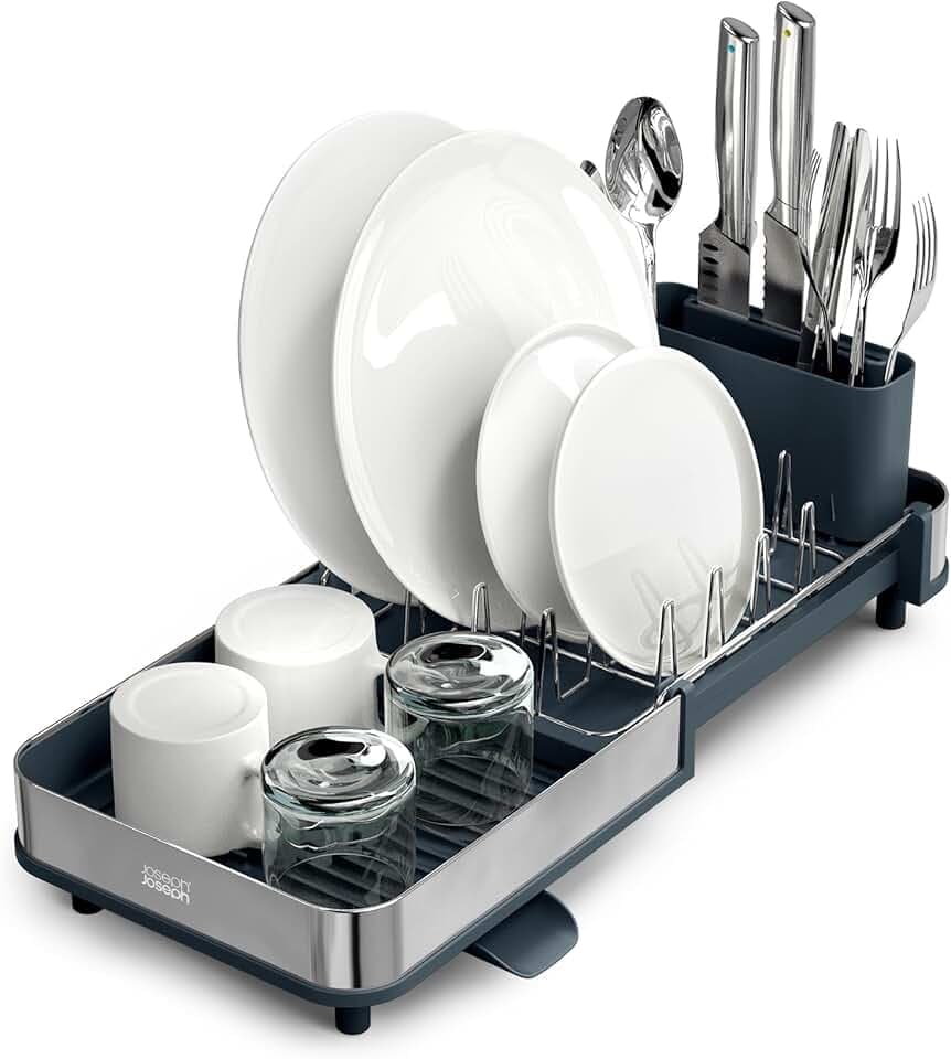 Joseph Joseph Extend Slim Steel Expandable Dish Drying Rack with Removable Cutlery Holder and Swivel Draining Spout, Compact Design, Grey