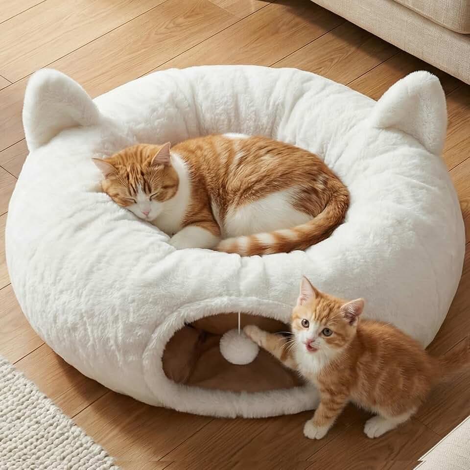 2-in-1 Weicher Katzentunnel Rund Weiß mit Katzenbett, Katzenhöhle XXL 34in | VielfäLtige Tunnelformen, Tunneleingang mit Katzenspielzeug, Weicher Flansch, Waschbare Matten, Klappbare Lagerung