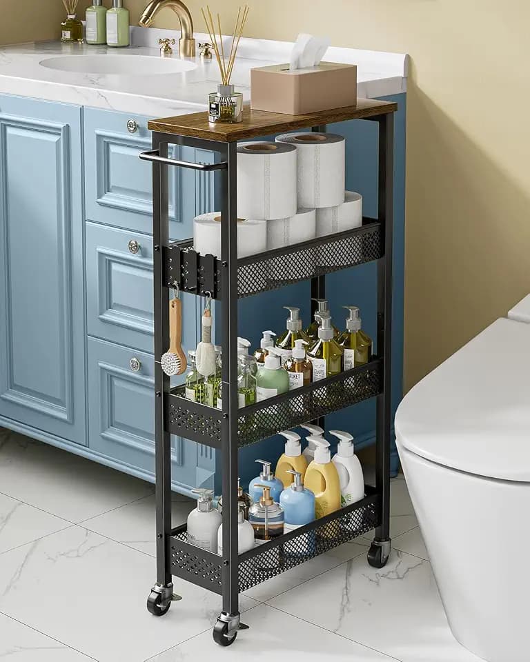 Giwil Slim Rolling Storage Cart 4 Tier Bathroom Organizer Mobile Shelving Unit Utility Cart with Wood Top and Handle for Kitchen Laundry Narrow Places, Black