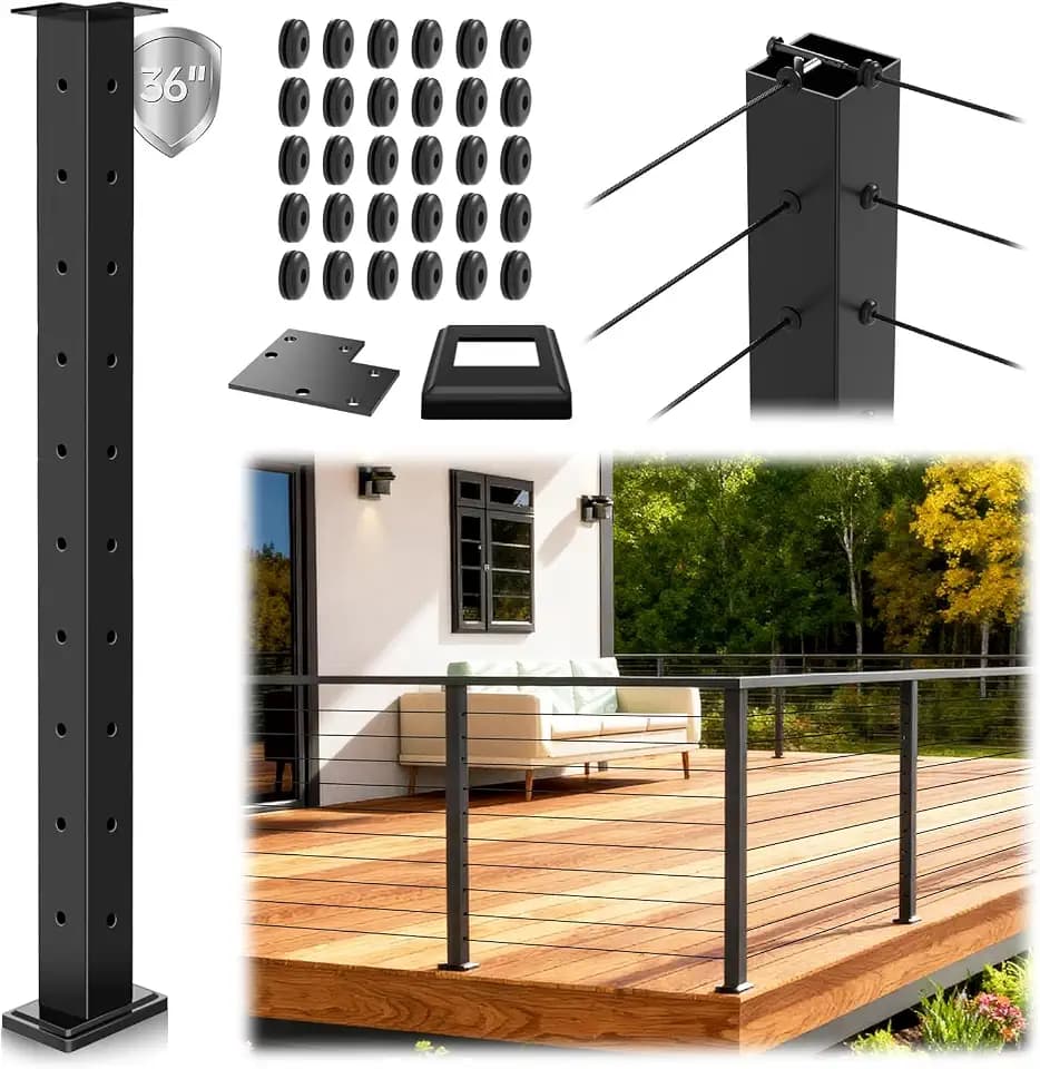 Gyykzz 36" Modular Black Cable Railing Corner Post Surface Mount T-Drilled