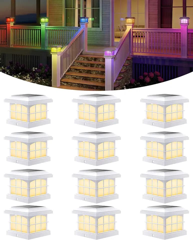 PARTPHONER RGBCW Solar Post Cap Lights 12-Pack, 9 Colors 3 Modes Fence Cap Lights, Bright Solar Outdoor Waterproof LED Deck Lighting for Fence Garden Deck Patio Porch Decor 4x4 Vinyl/Wood, White