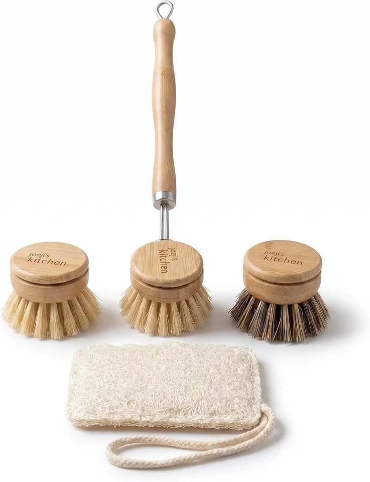 Joeji's Kitchen Reinigungsbürstenset Gemüsebürste - Eco Holz Plastikfreie - Spülbürste mit Austauschbaren Bürstenköpfen - Schrubberbürste inklusive Luffaschwamm