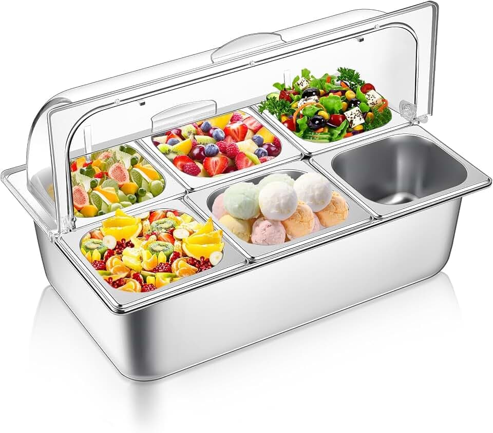 Ziliny 6 Pan Countertop Food Serving Container Clear Roll Top Cover,Silver