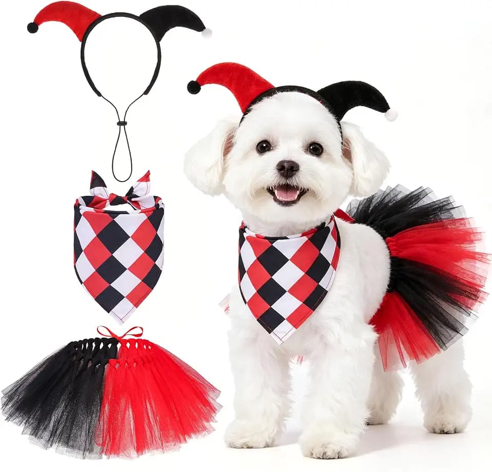 BINGPET Dog Halloween Costume, Cat Tutu Dress, Clown Bandana Headband Skirt