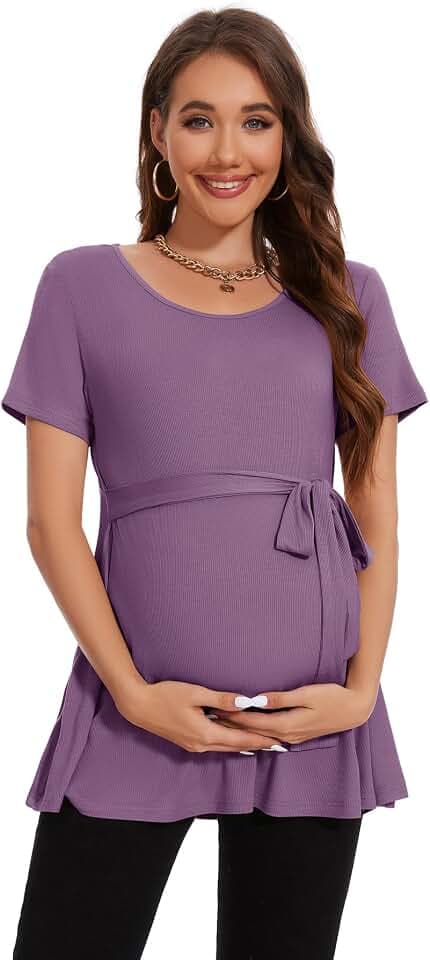 Smallshow Damen Umstandsmode Tie Front Kurzarm umstandsshirt Sommer,Misty Lilac,M